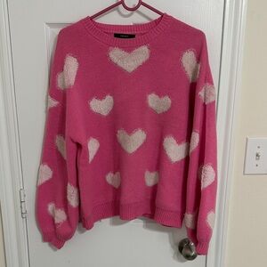 Forever 21 Hot Pink Crewneck Sweater with Cream Heart Motif